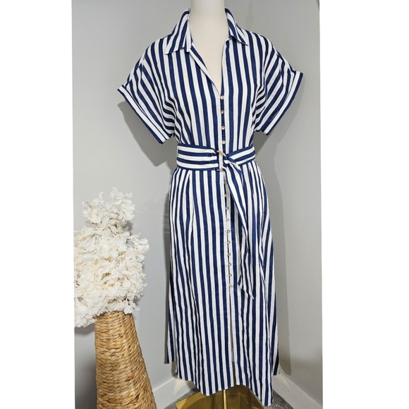 Zara Dresses & Skirts - Zara Navy White Striped Linen Blend  Belted Midi Dress